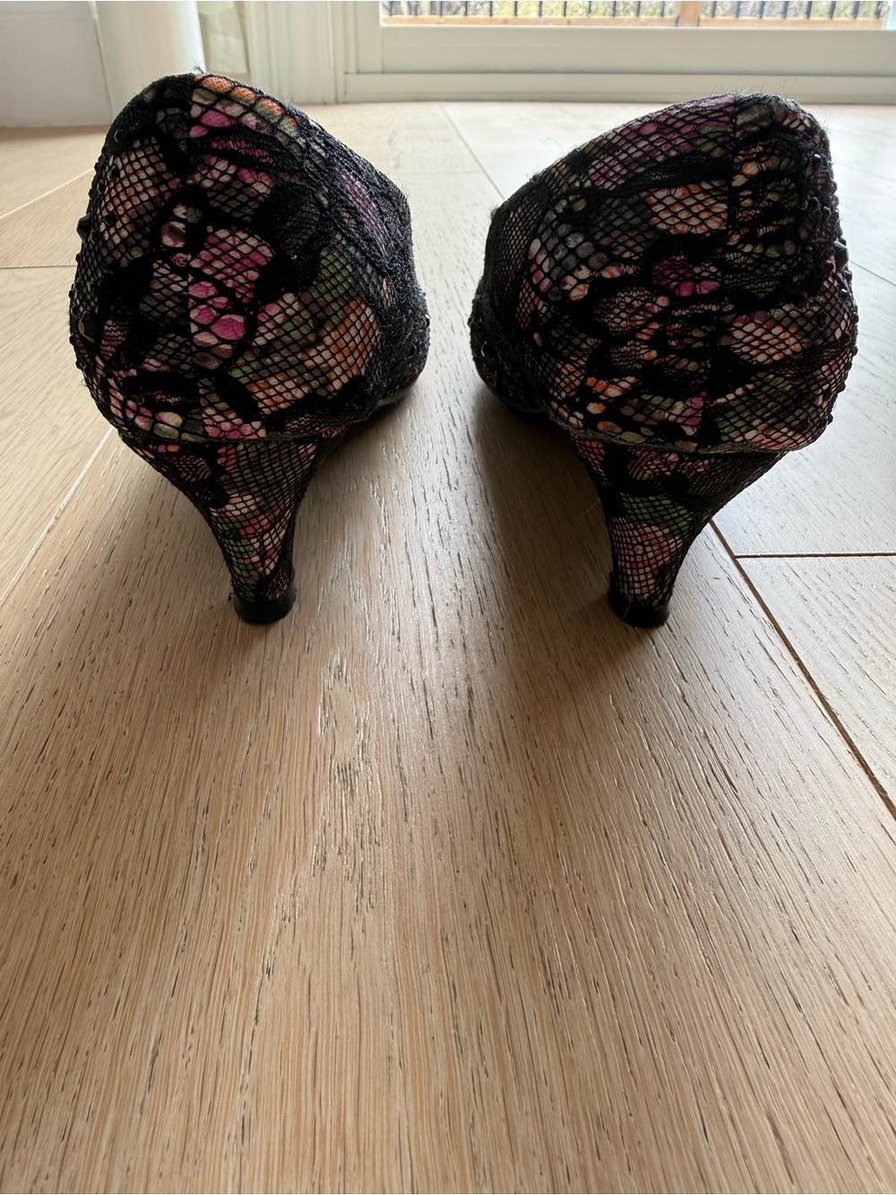 Lace Floral Heels w/ Embellishment | Vintage Inspired Kitten Heels Worn Once - Picture 5 of 6
